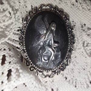 Silver Fairy Sitting On Skull Handmade Cameo Resin Brooch In Silver Tone Frame